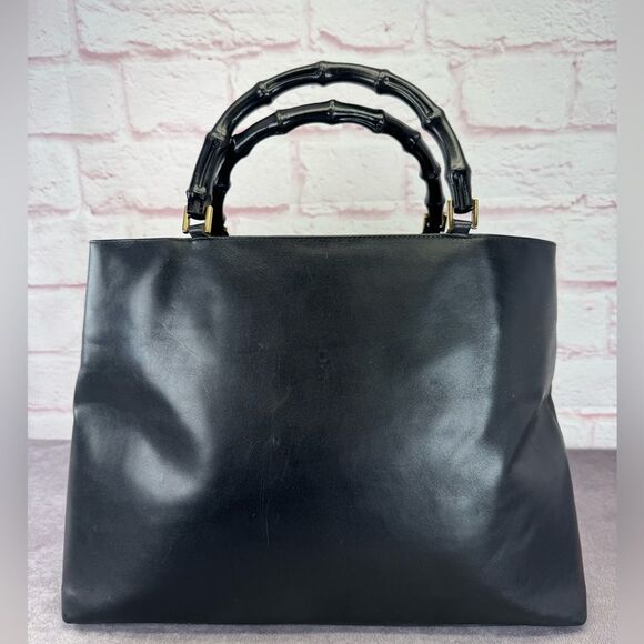 Gucci Bamboo Black Leather Top Handle Vintage Handbag - Picture 1 of 13
